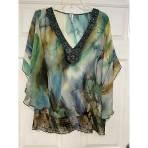 Womens L Butterfly Feather Print Beaded V Neck Sheer Top Fairy Flowy Studio Y